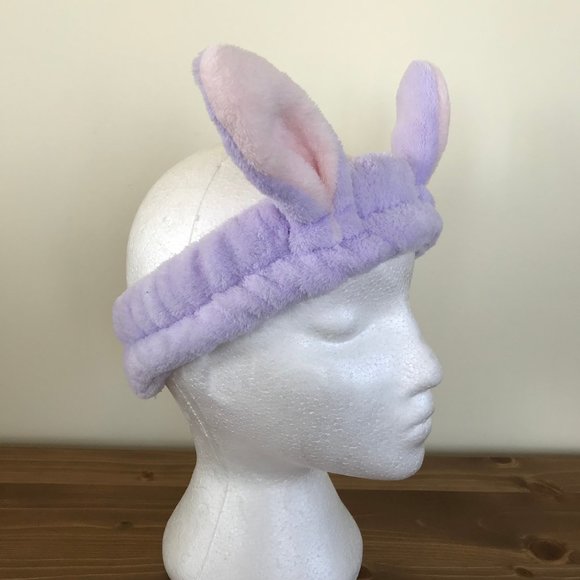Soft Plush Bunny Ear Stretch Headband Lilac Purple with Pastel Pink - Picture 4 of 6